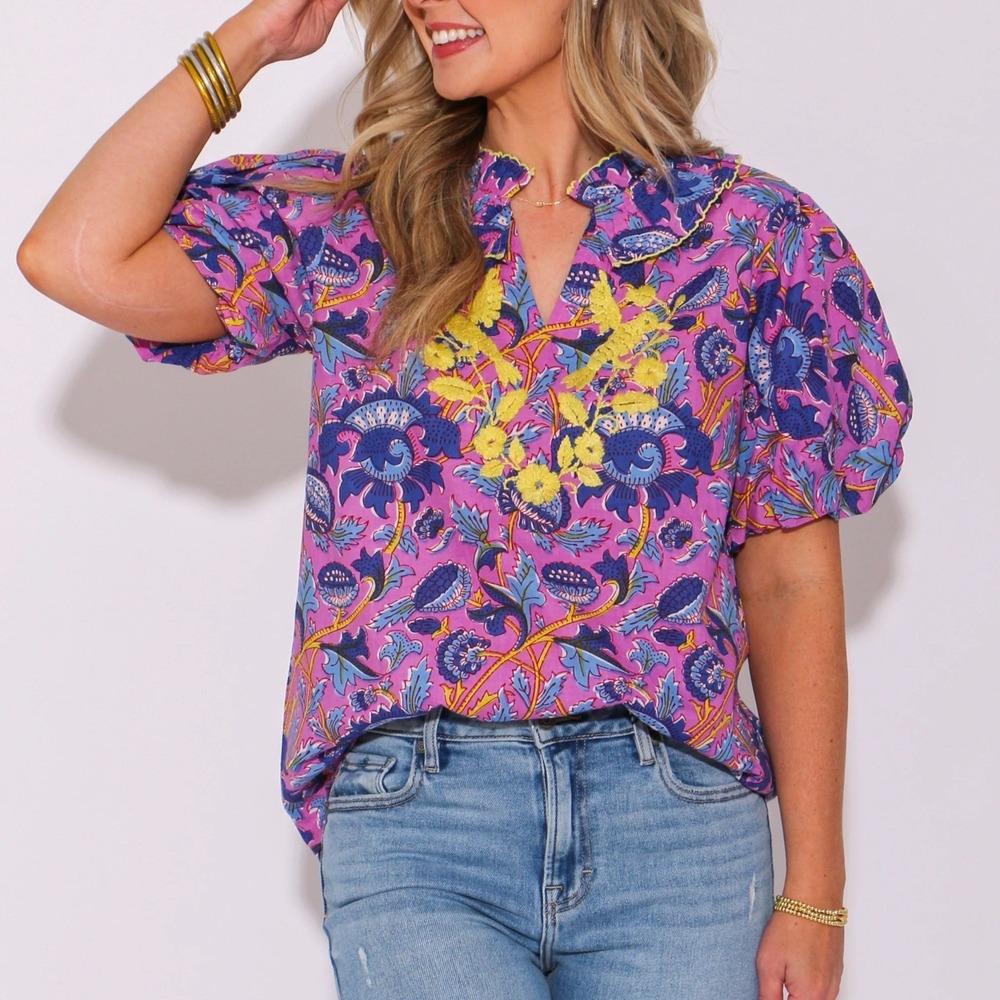 Sister Mary S Floral‎ Embroidered Irma Blouse 100% Cotton Colorful Boho Birds